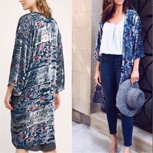 Anthropologie Moonlight Waves Velvet Burnout Kimono Blue-Grey One Size